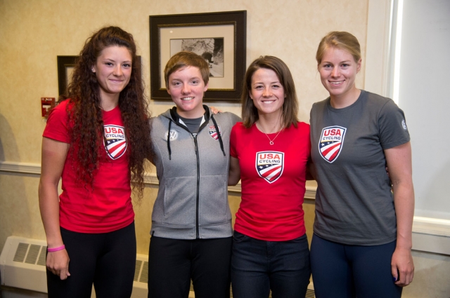 Chloe Dygert, Kelly Catlin, Ruth Winder and Jennifer Valente were on hand Thursday in support of USA Cycling.