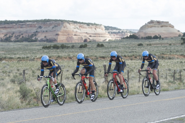 The team from Marian University rides in the men's team time trial