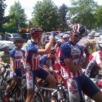 The USA Cycling riders discuss strategy before s ateg starts